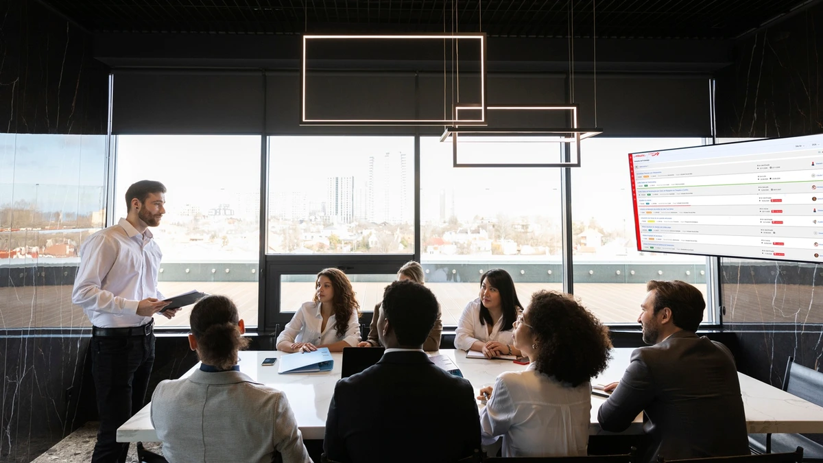 Reunião de equipe com o Stratws na tela da sala