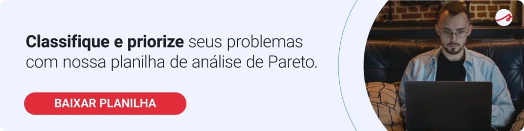 Banner sobre análise de Pareto com chamada para download de planilha. Imagem relacionada à priorização de problemas, melhoria contínua