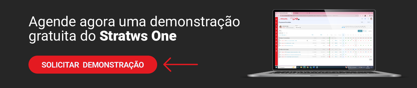 Banner com fundo preto e escrita na cor branca. Há um convite para demonstração gratuita do Stratws