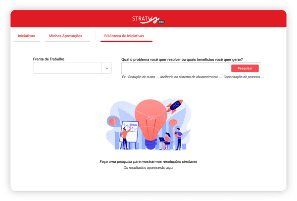 Tela do Stratws, com campo de busca para encontrar soluções por problema ou benefício desejado