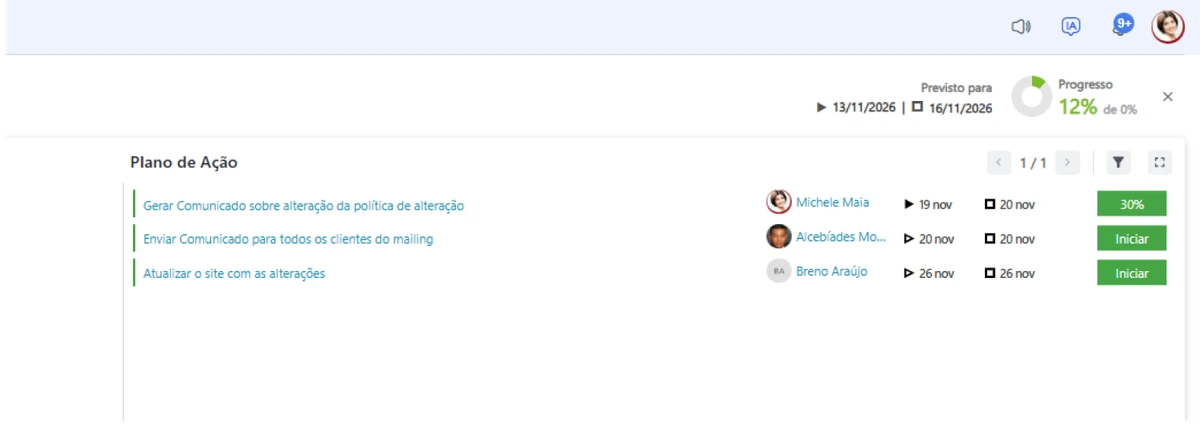 Detalhe do plano de ação com responsável, prazo e progresso