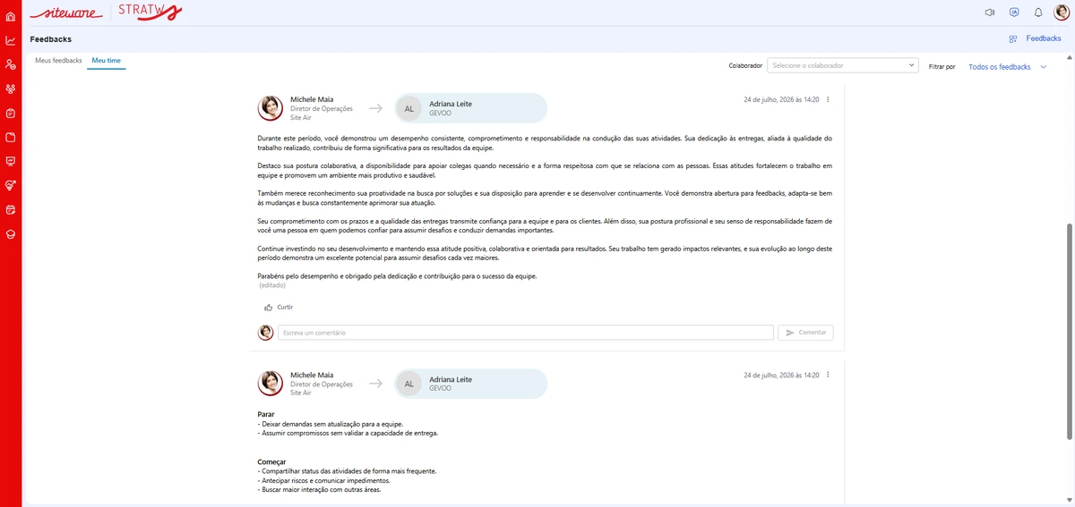 Tela de feedbacks do Stratws com a devolutiva escrita do líder para o colaborador
