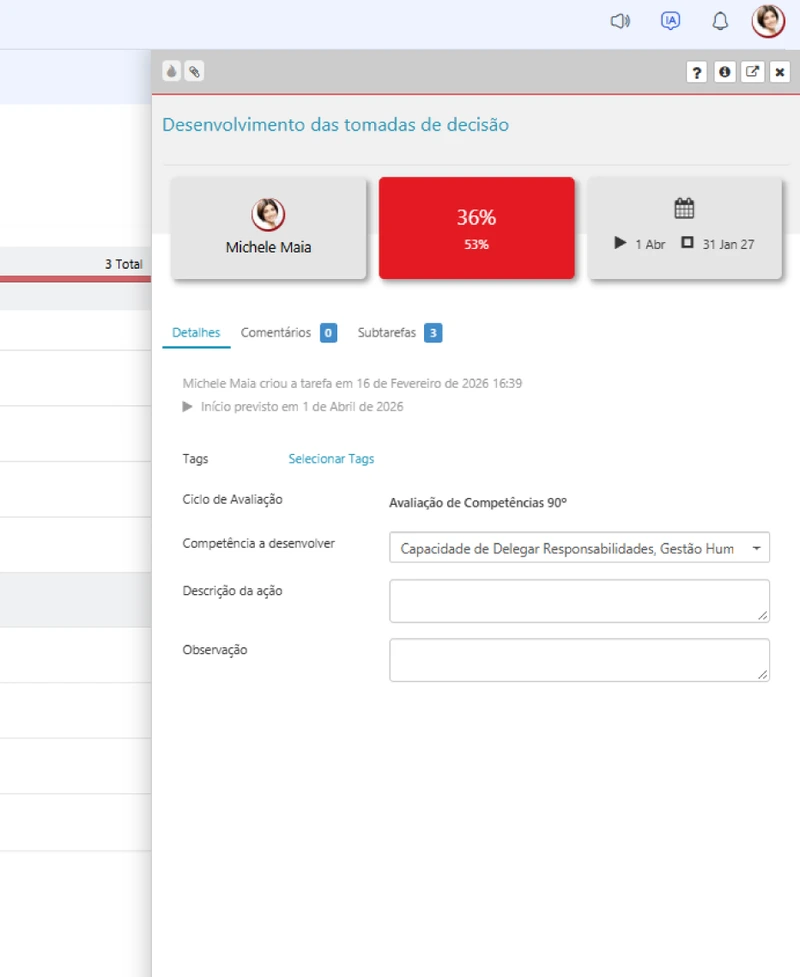 Detalhe de uma ação de desenvolvimento com progresso, prazo e a competência a desenvolver