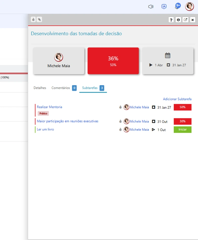 Detalhe de uma ação de desenvolvimento com progresso, prazo e subtarefas